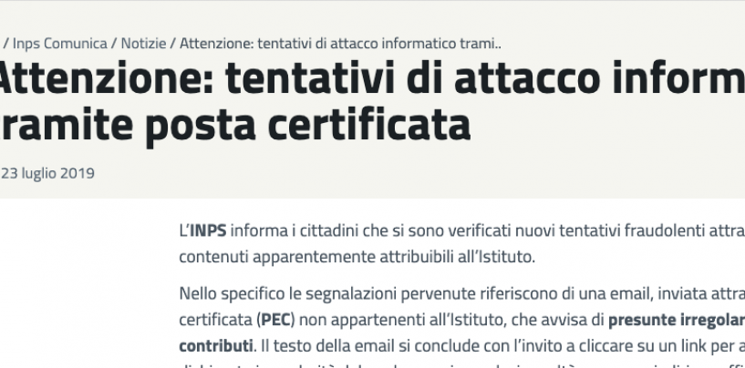 L’allarme dell’Inps: “Occhio alle Pec false, non cliccate sul link”