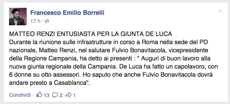 Il commento di Borrelli su Facebook
