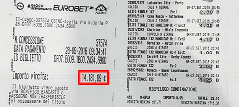 Bolletta milionaria in provincia di Avellino: vinti 14mila euro con una scommessa da 20