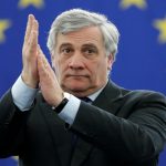 Newly elected European Parliament’s President Antonio Tajani reacts after the announcement of the results of the election at the European Parliament in Strasbourg