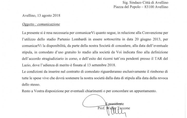 Stadio Partenio, le parole testuali di Taccone in una lettera al Sindaco Ciampi