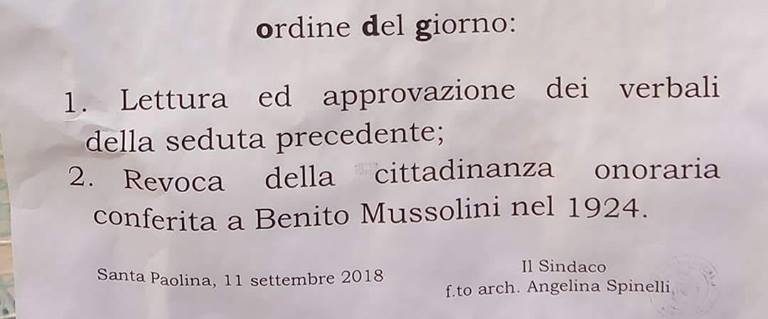 Santa Paolina revoca dopo 94 anni la cittadinanza onoraria a Benito Mussolini
