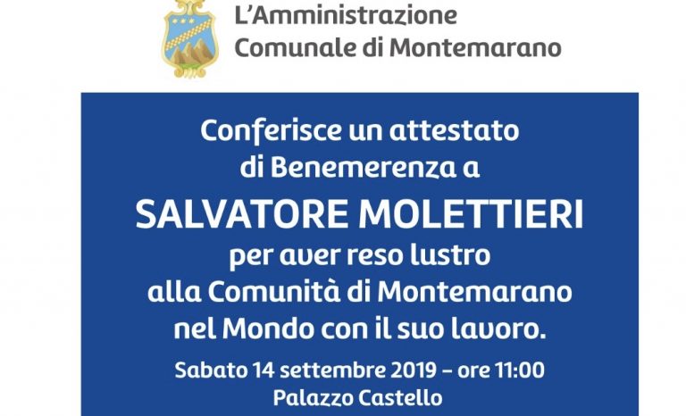Montemarano, attestato di Benemerenza al “Gigante dell’Aglianico” Salvatore Molettieri