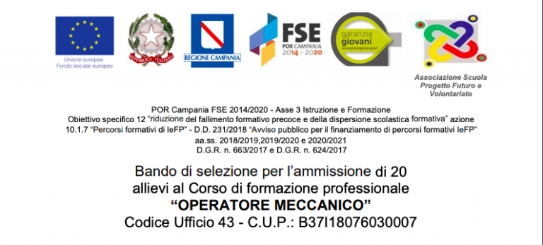 Bando di selezione per l’ammissione di 20 allievi al Corso di formazione professionale “Operatore Meccanico”