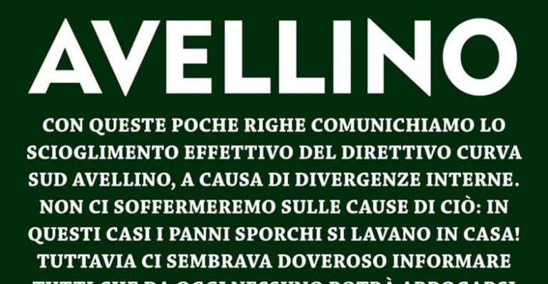 Curva Sud Avellino, si scioglie il Direttivo: “Divergenze interne”