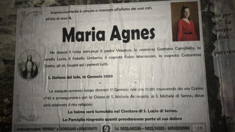 Domani l’addio a Maria, la 18enne morta a Serino ad una festa di compleanno