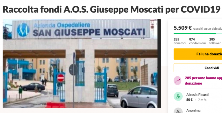 Emergenza Coronavirus, raccolta fondi per aiutare l’ospedale “Moscati”