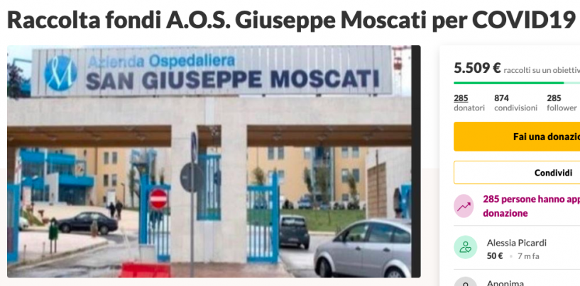 Emergenza Coronavirus, raccolta fondi per aiutare l’ospedale “Moscati”