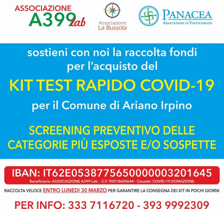 Le associazioni di Ariano si uniscono. “Raccolta fondi per l’acquisto di test rapidi”