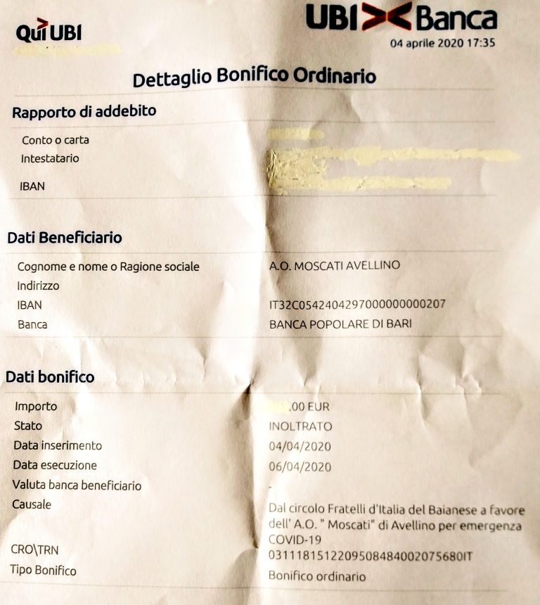 Raccolta fondi di Fratelli d’Italia del Baianese per il “Moscati” di Avellino