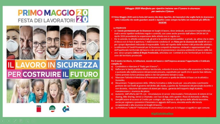 Primo Maggio, i segretari irpini della triade: “Ripartire insieme con il lavoro in sicurezza”