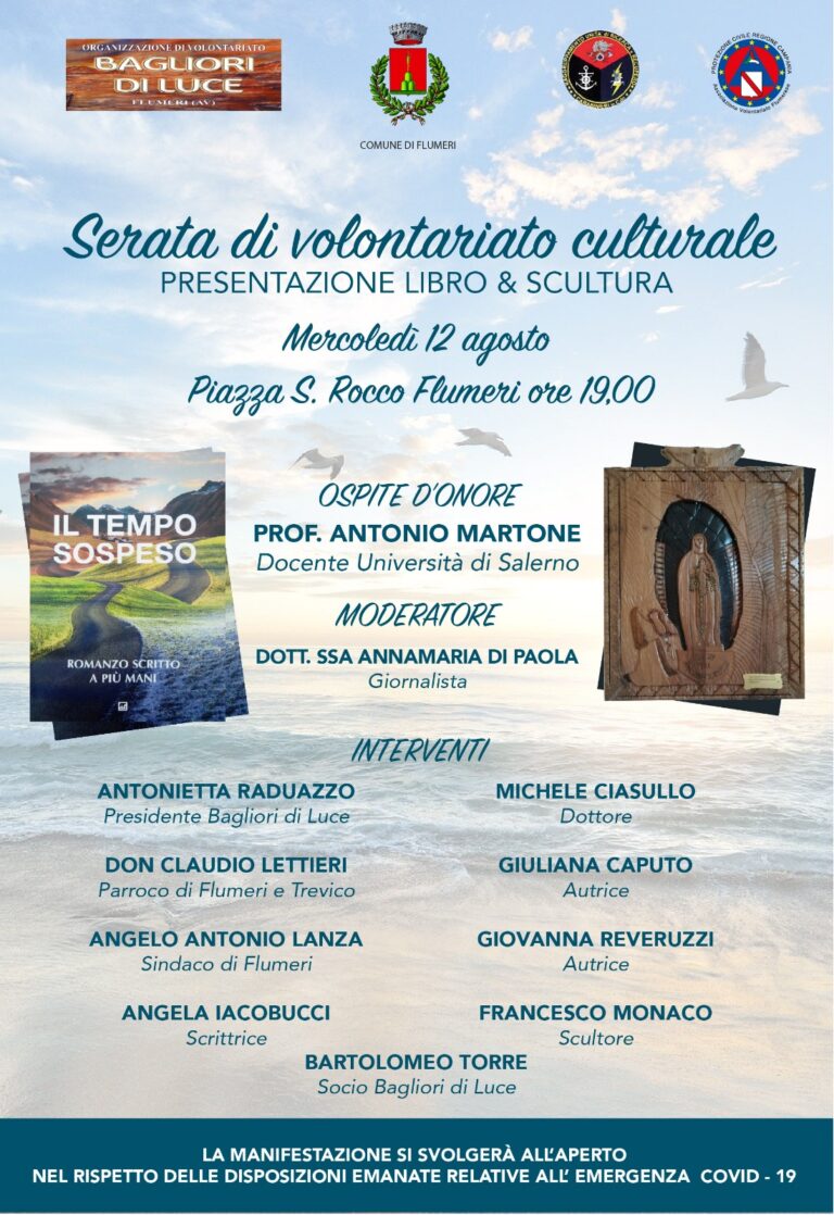 Romanzo al tempo della quarantena, il 12 Agosto presentazione a Flumeri del “Tempo Sospeso”