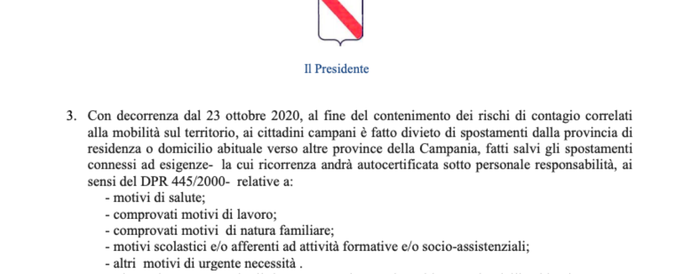 Coprifuoco e spostamenti tra province: Irpinianews in diretta per spiegare l’ordinanza di De Luca