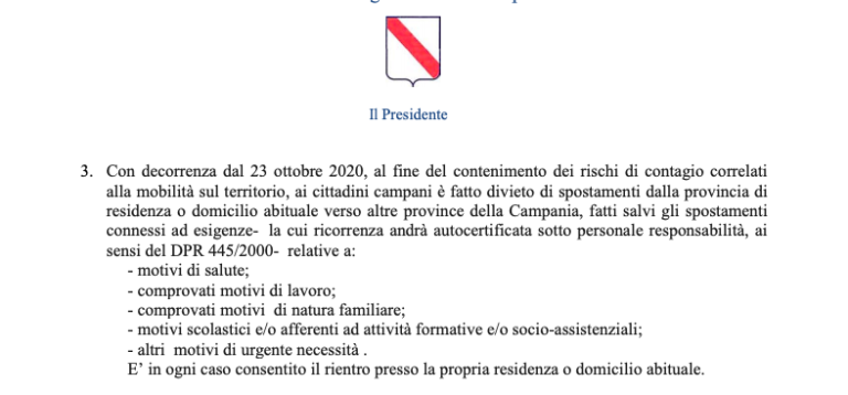 Coprifuoco e spostamenti tra province: Irpinianews in diretta per spiegare l’ordinanza di De Luca