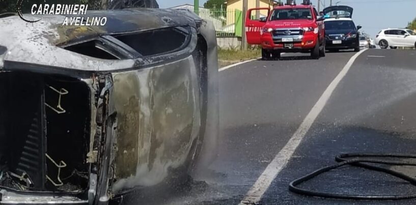 Grottaminarda, perde il controllo dell’auto che si ribalta e prende fuoco