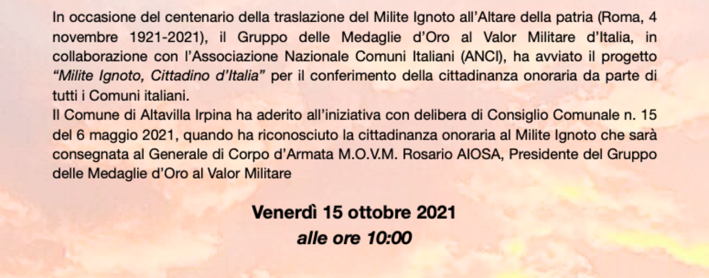 Altavilla Irpina, Cittadinanza Onoraria al Milite Ignoto. Domani la cerimonia col Generale Aiosa