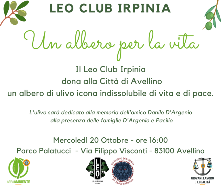 Distretto Leo 108Ya, donato albero di Ulivo ad Avellino. Domani la piantumazione a Parco Palatucci