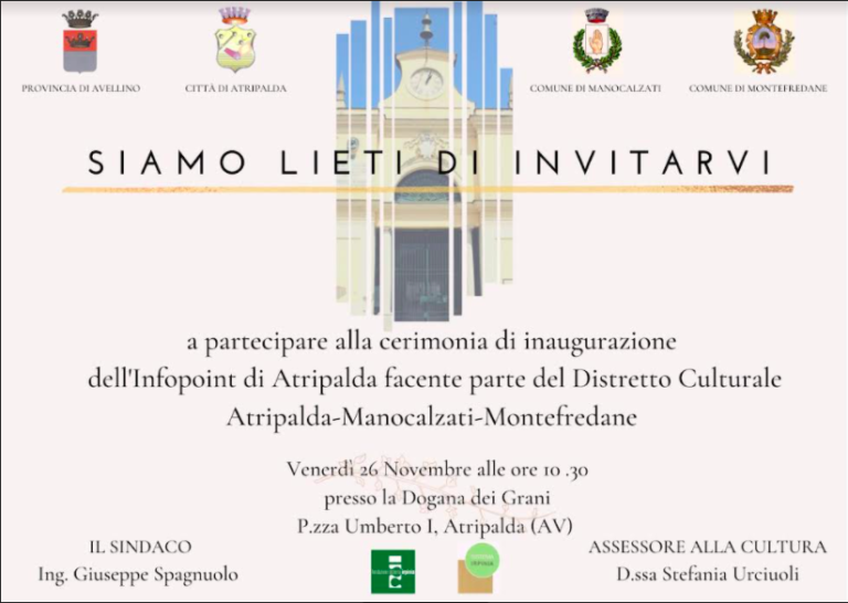 Sistema Irpinia, venerdì inaugurazione dell’info-point del distretto di Atripalda