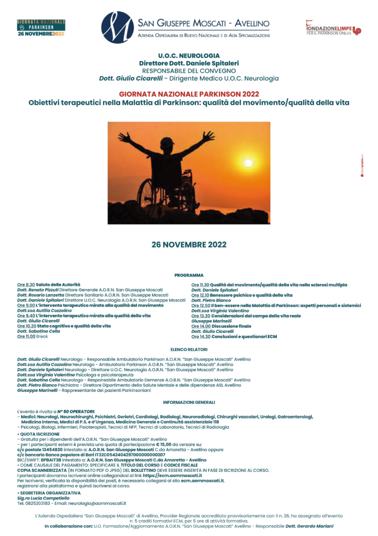 Giornata Nazionale delle Malattia di Parkinson 2022: al Moscati un convegno sugli interventi psico-terapeutici