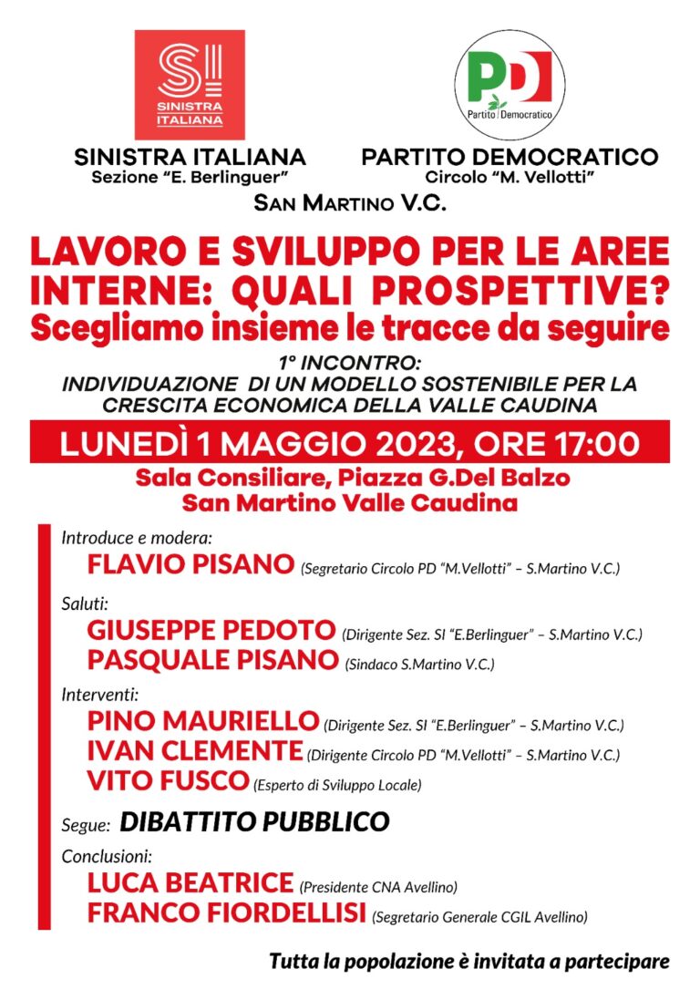 Lavoro e aree interne: incontro il 1 maggio a San Martino Valle Caudina