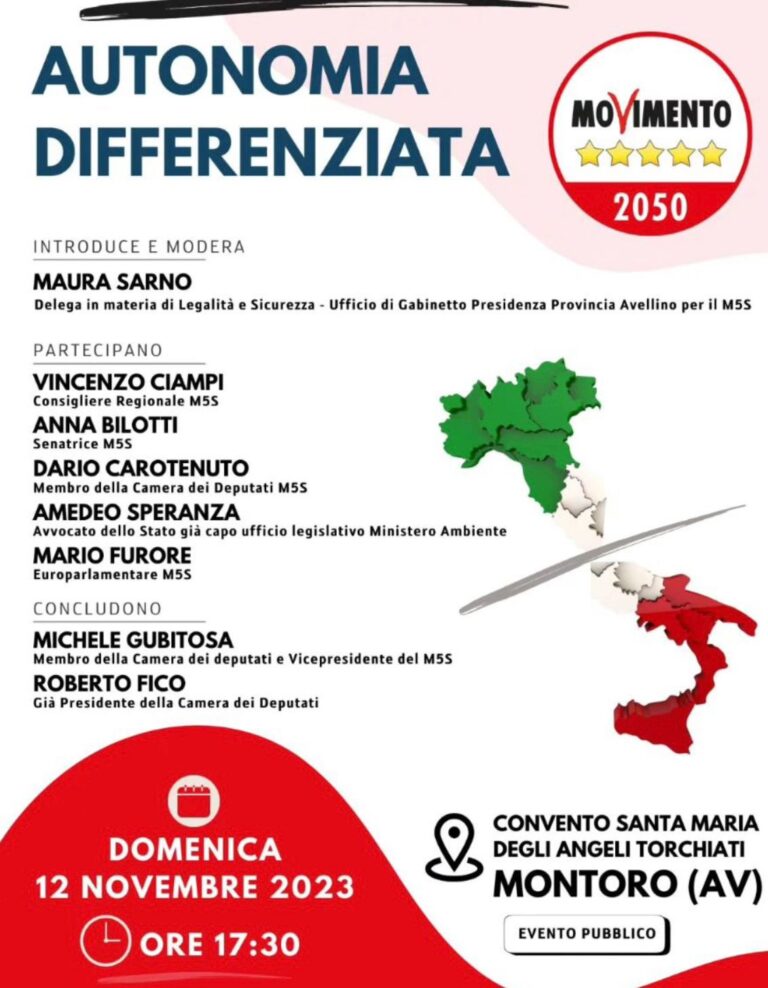M5s, Autonomia Differenziata: domenica 12 novembre convegno a Montoro