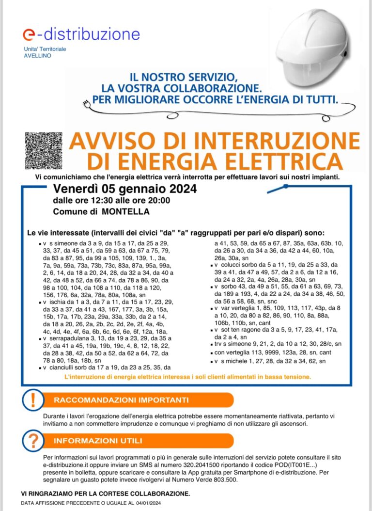 Montella, interruzione programmata dell’energia elettrica. Ecco le strade interessate