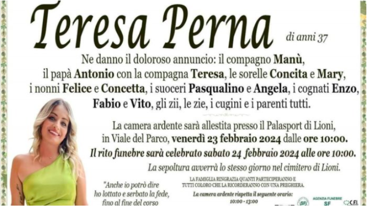Muore a 37 anni dopo un trapianto di cuore, Lioni piange Teresa: sabato i funerali
