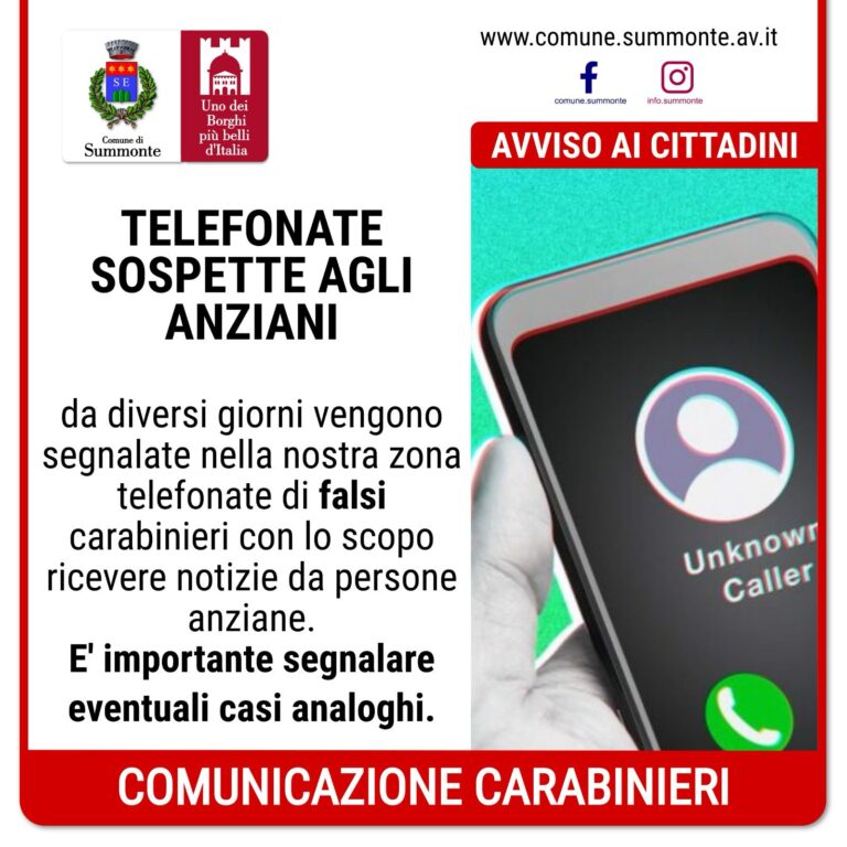 Telefonate sospette agli anziani: la denuncia del Comune di Summonte