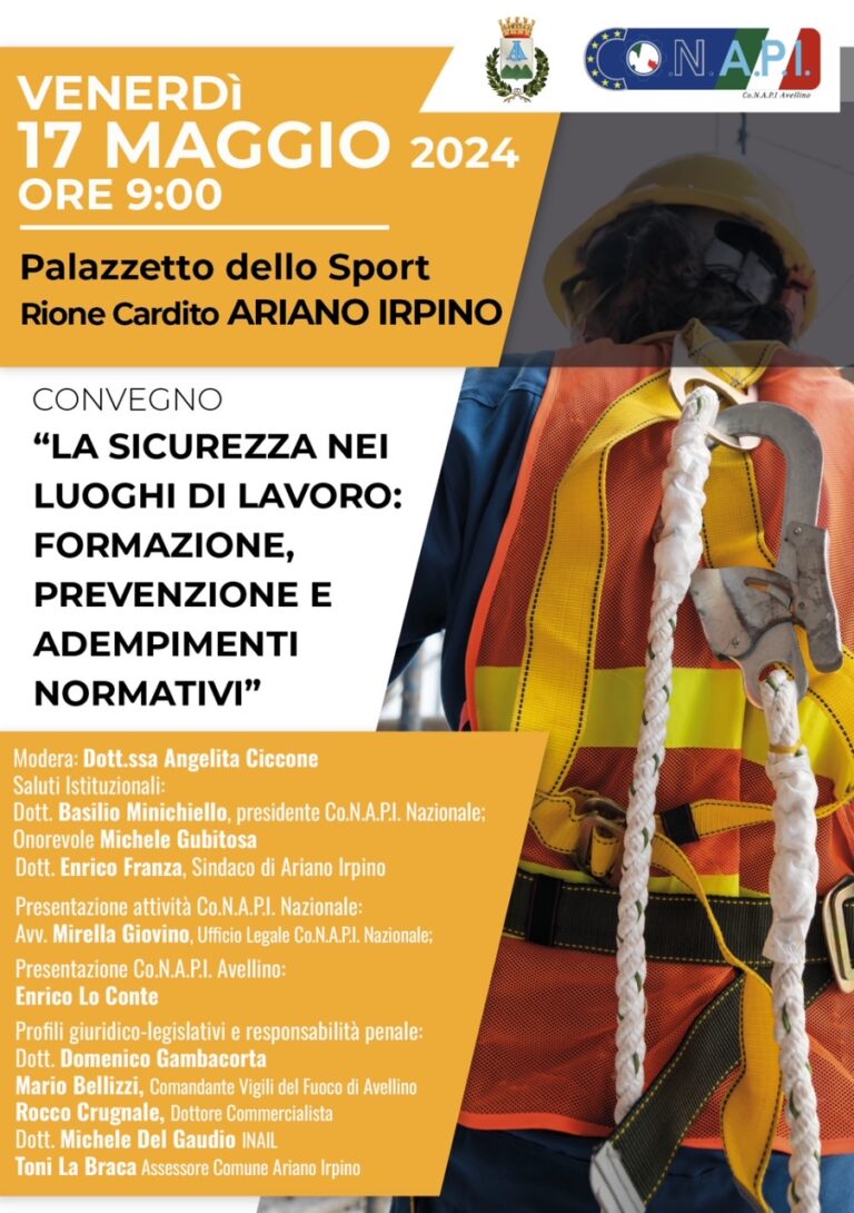 “Sicurezza nei luoghi di lavoro”, ad Ariano convegno organizzato da Co.N.A.P.I