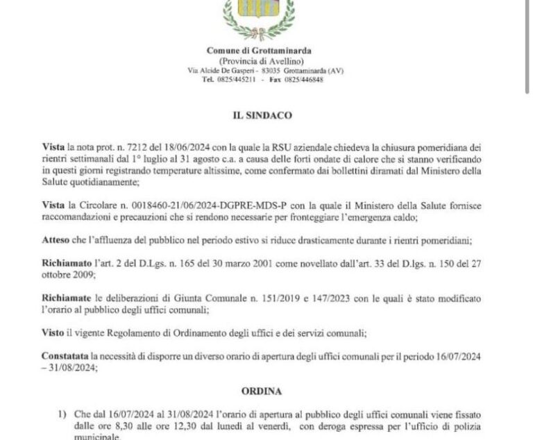 Grottaminarda, il Comune chiude gli uffici di pomeriggio: “Fa troppo caldo”. Critiche sui social