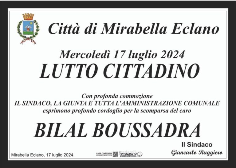 Funerali Bilal Boussadra, lutto cittadino domani a Mirabella Eclano