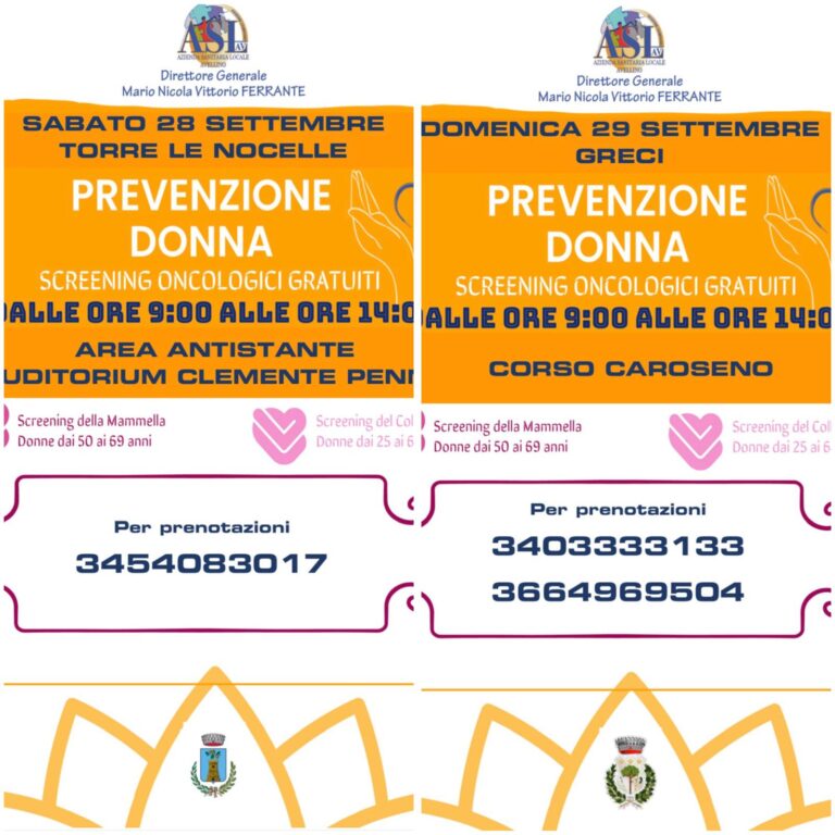  Prevenzione oncologica: il 28 settembre a Torre le Nocelle e il 29 a Greci con i camper dell’ASL