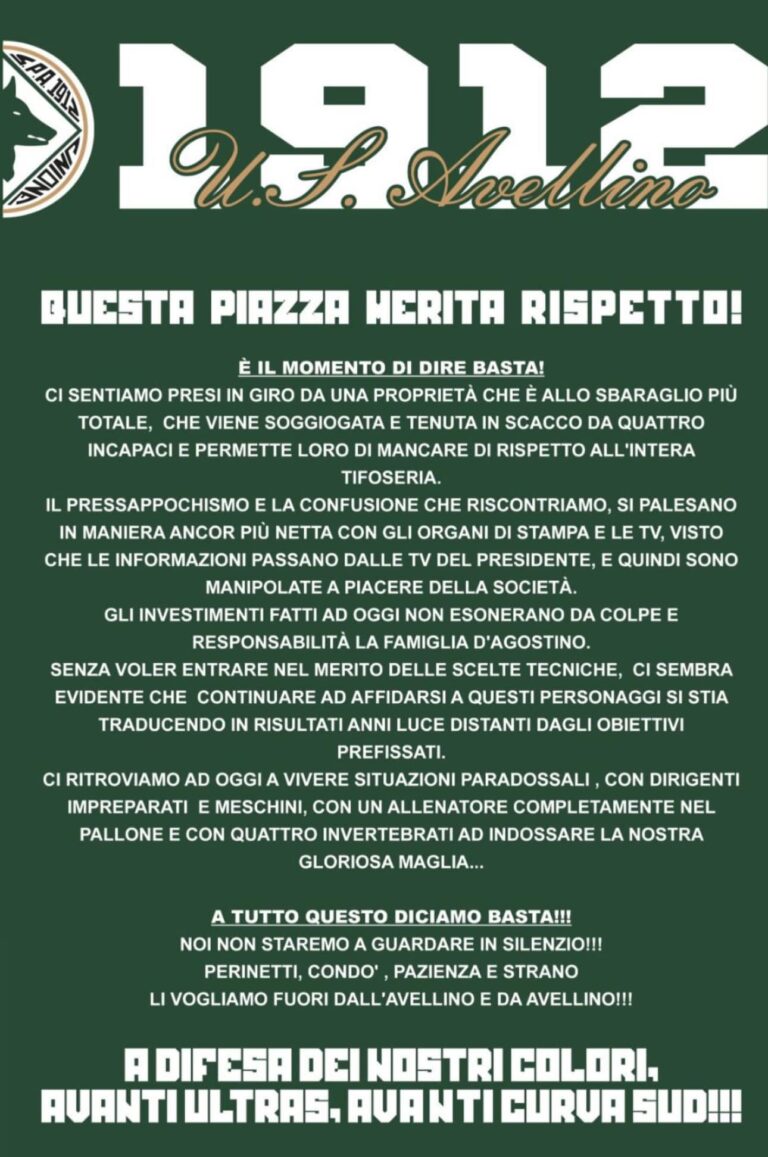 “Perinetti, Condò, Pazienza e Strano fuori dall’Avellino”. Il duro comunicato della Sud