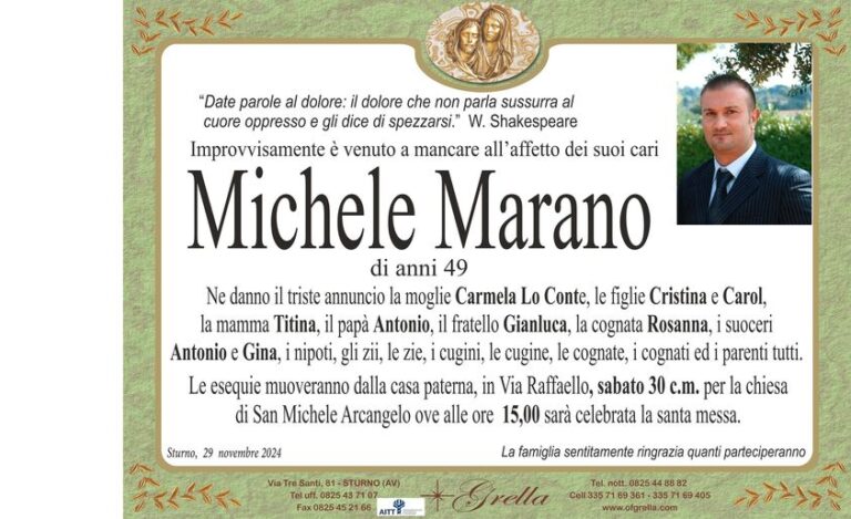 Sturno, domani l’ultimo saluto a Michele Marano