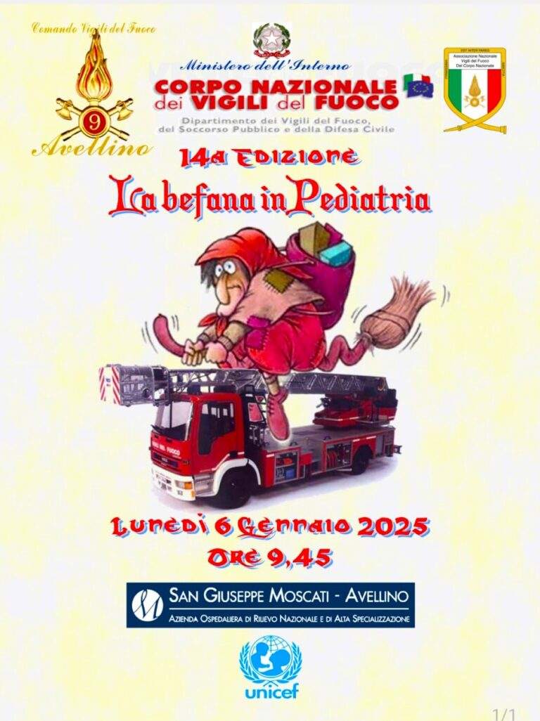 Befana in Pediatria, si rinnova l’ appuntamento al Moscati con i Vigili del Fuoco