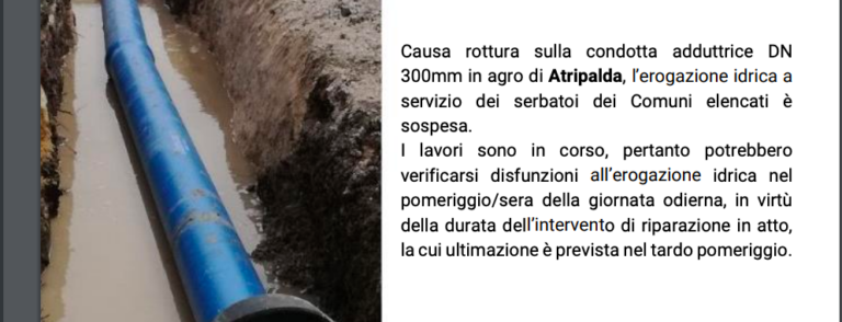 Si rompe una condotta ad Atripalda: città e sei comuni senz’acqua
