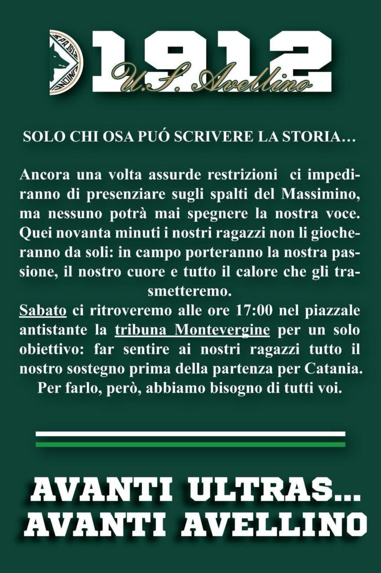 La Curva Sud chiama a raccolta i tifosi dell’Avellino: appuntamento sabato alle 17