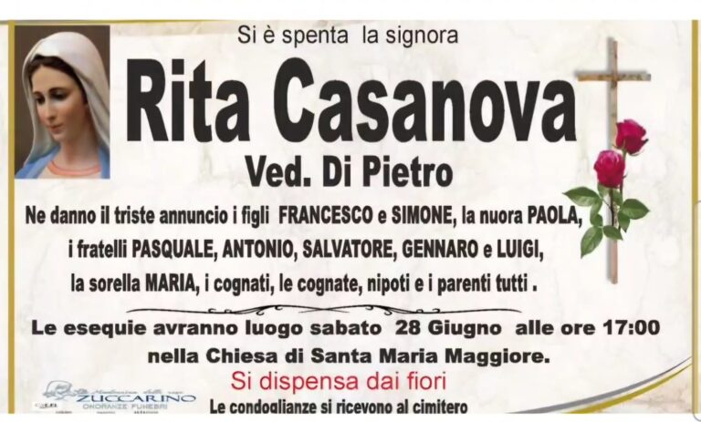 Grottaminarda in lutto: domani i funerali della signora Rita Casanova