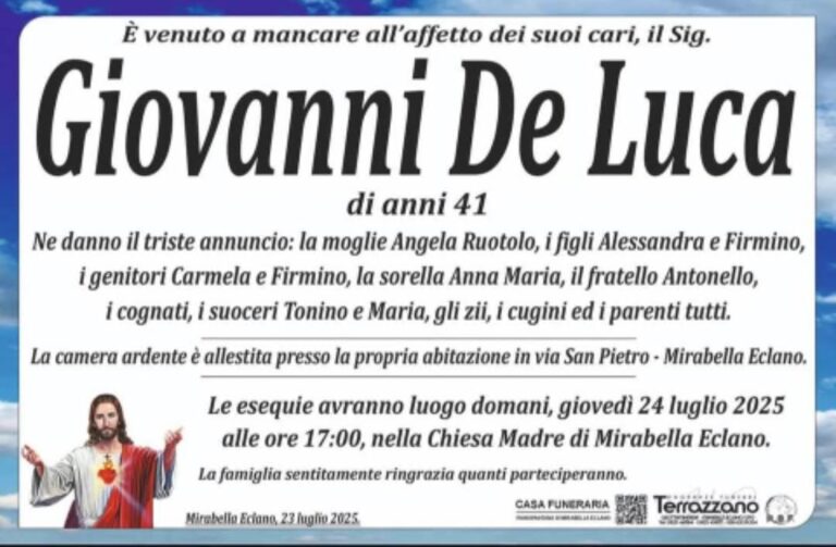 Mirabella Eclano, domani i funerali del 41enne morto a Torre Le Nocelle