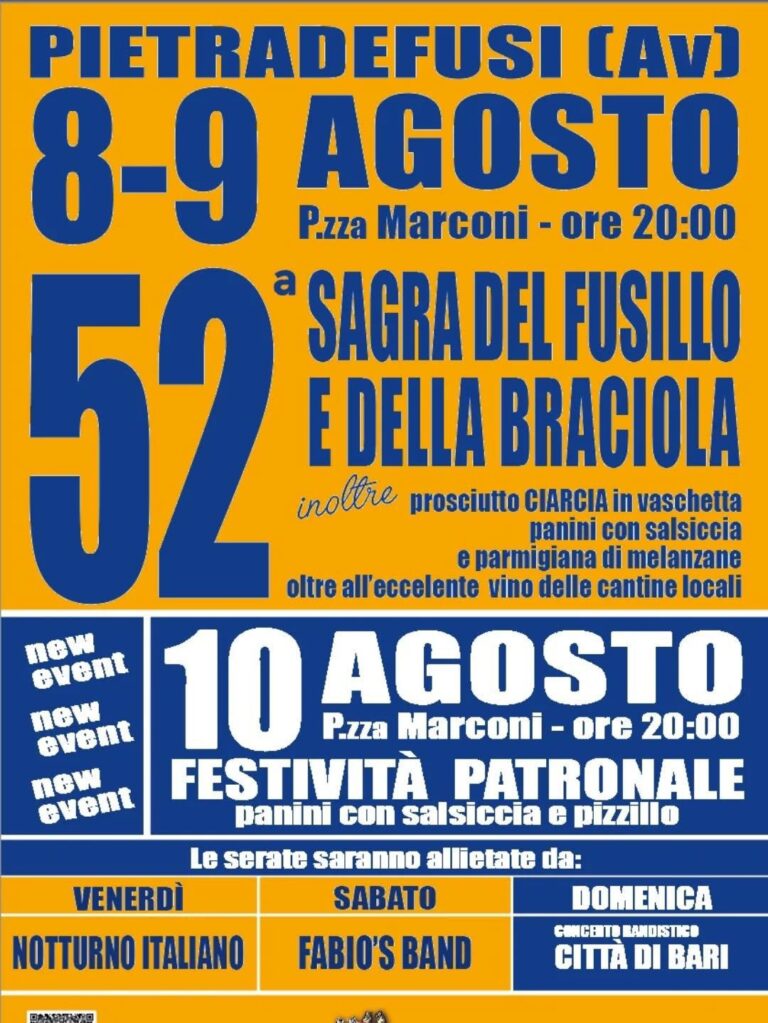 Pietradefusi in festa: torna la Sagra del Fusillo e della Braciola