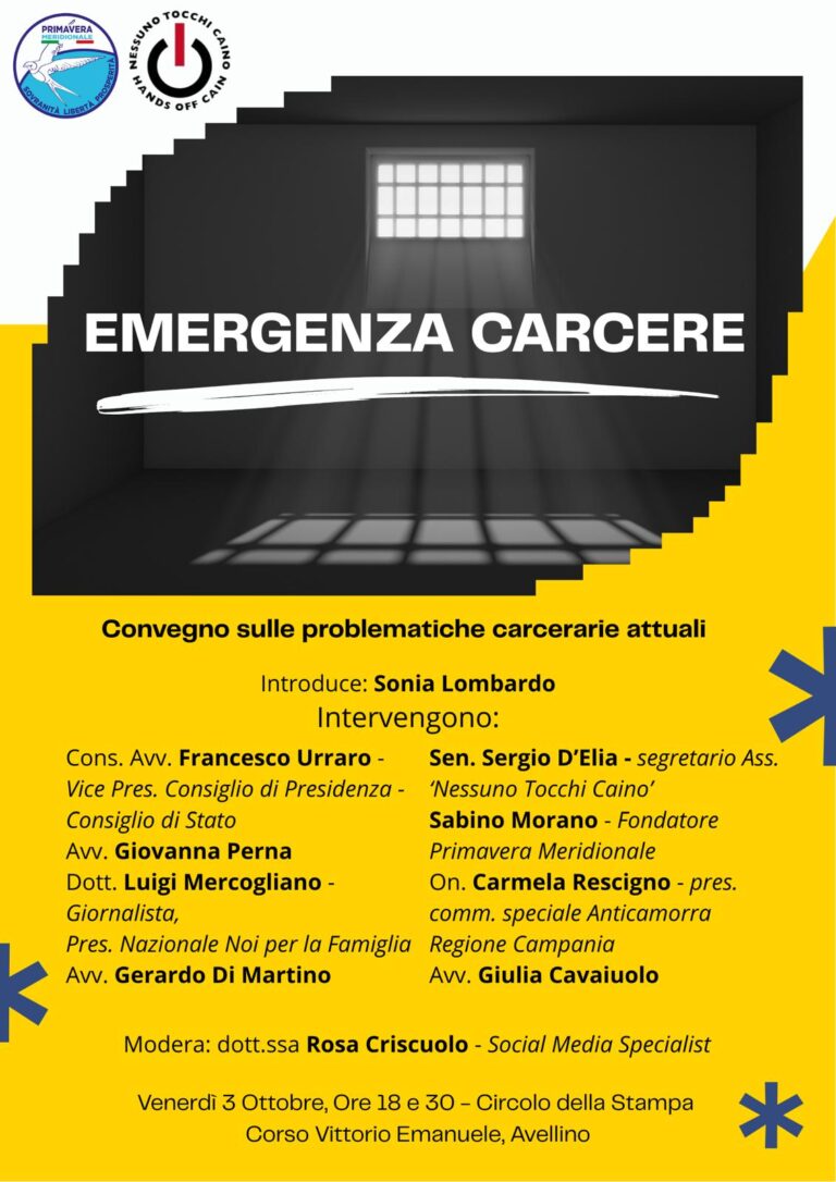 Problematiche carcerarie: convegno ad Avellino con Urraro, D’Elia e Rescigno