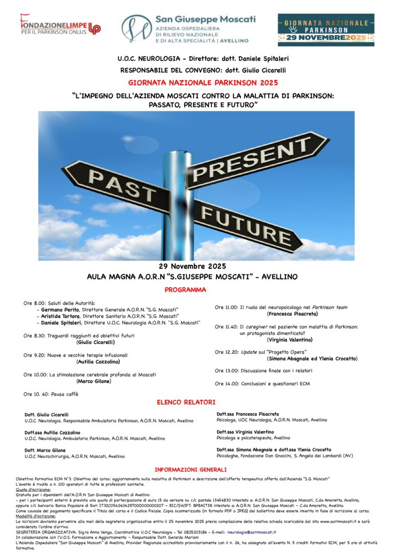 Giornata Nazionale Parkinson, l’Azienda Moscati presenta le terapie di nuova generazione