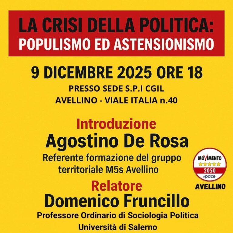 Avellino, M5S: Incontro “Crisi della politica populismo ed astensionismo”