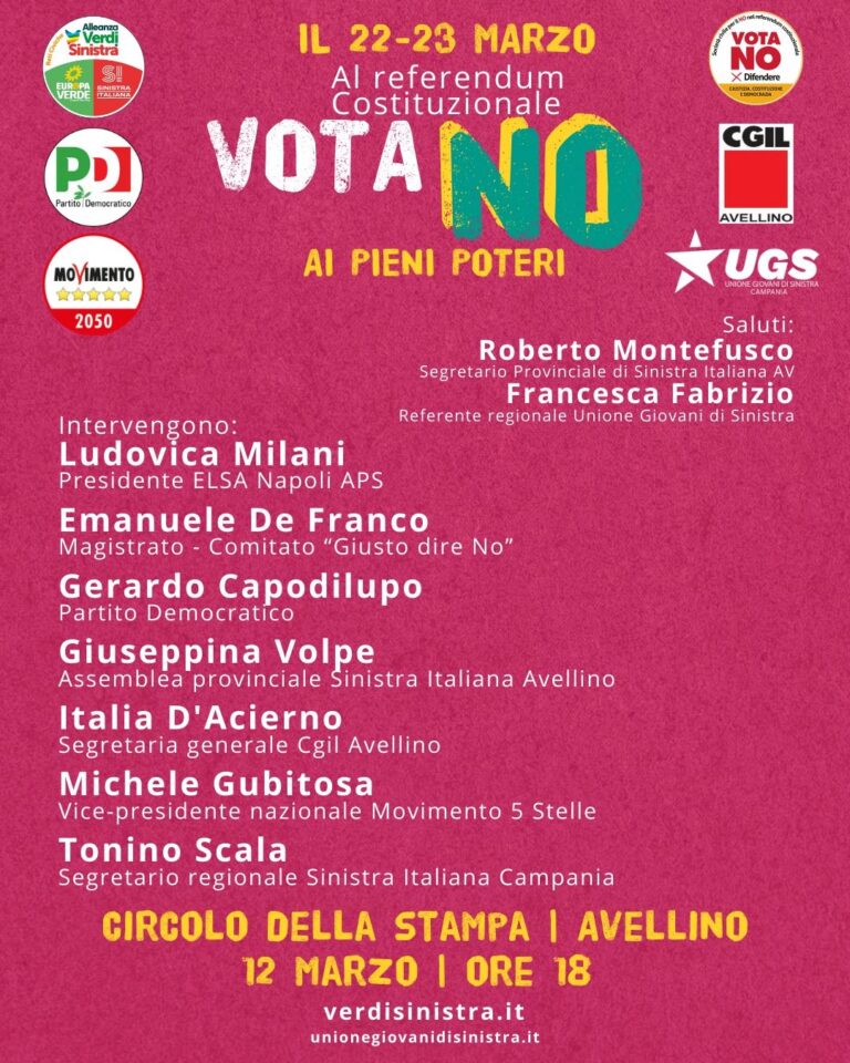 Referendum costituzionale: incontro ad Avellino dal titolo “Vota NO ai pieni poteri”