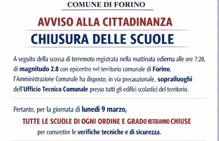Terremoto a Forino, scuole chiuse lunedì 9 marzo per verifiche di sicurezza