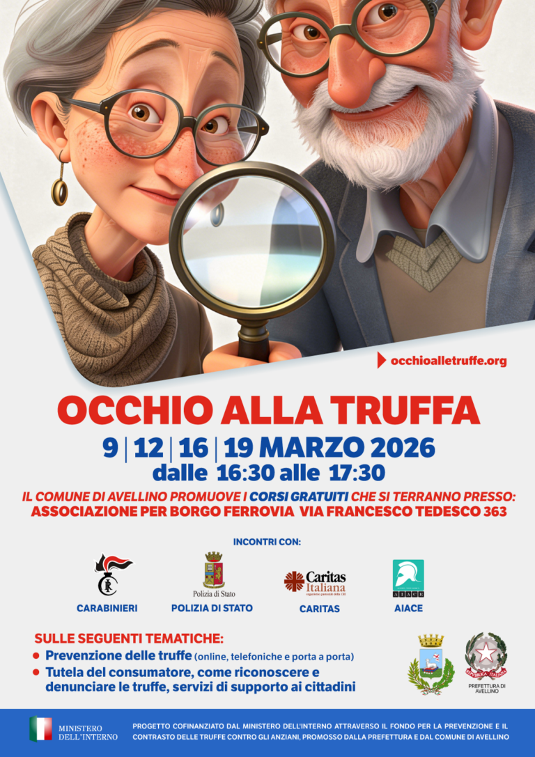 Truffe agli anziani, Avellino lancia “Occhio alla Truffa”: quattro gli appuntamenti in programma