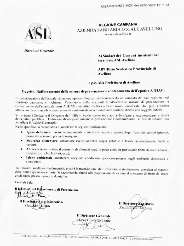 Epatite A, l’Asl Avellino richiama i Sindaci alle misure di prevenzione