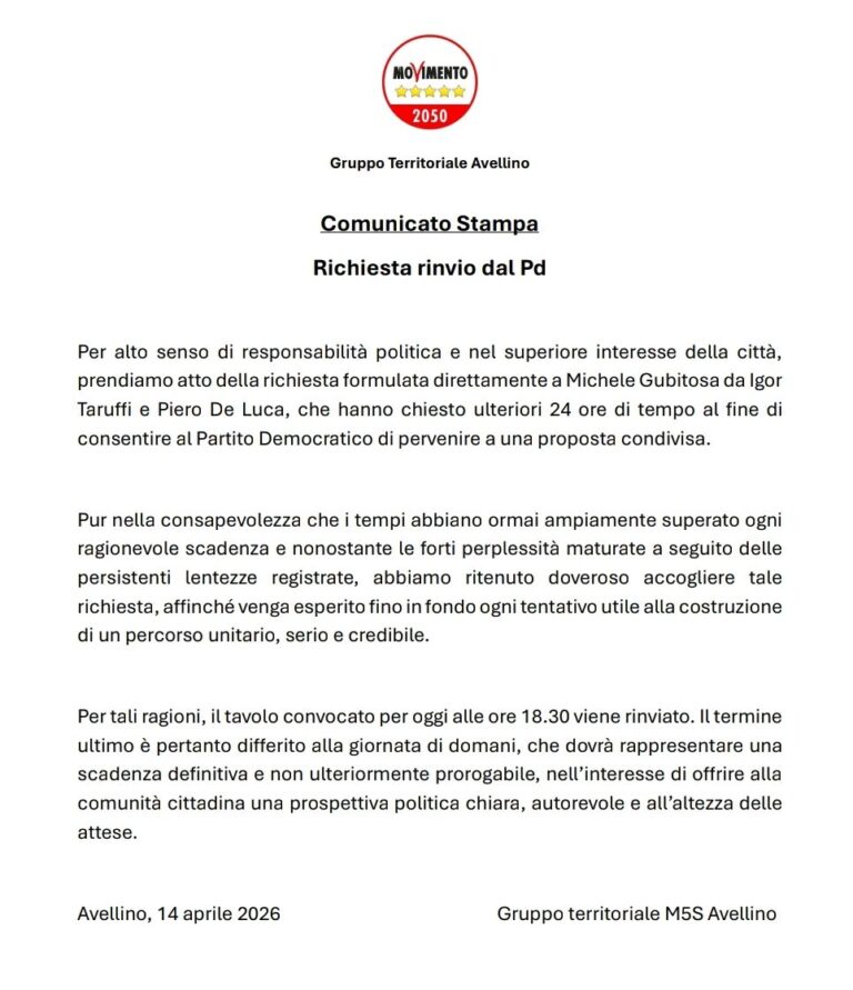 Il M5S concede altre 24 ore al Pd: rinviato il tavolo ad Avellino