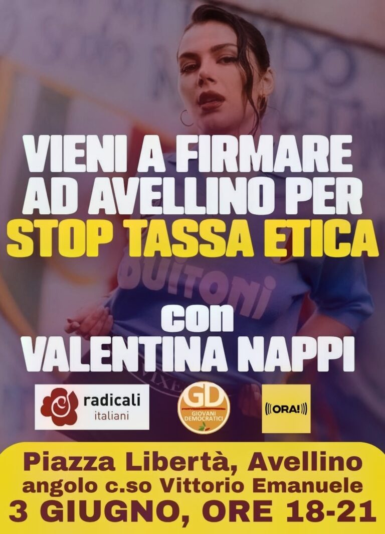 Stop tassa etica, mercoledì la raccolta firme in città con Valentina Nappi