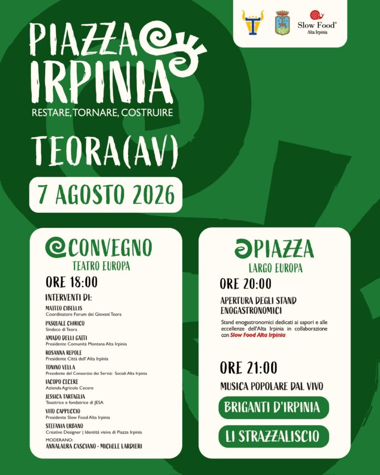 Nasce “Piazza Irpinia – Restare, tornare, costruire”: a Teora un momento di confronto sul futuro dell’Irpinia promosso dal Forum dei Giovani di Teora.